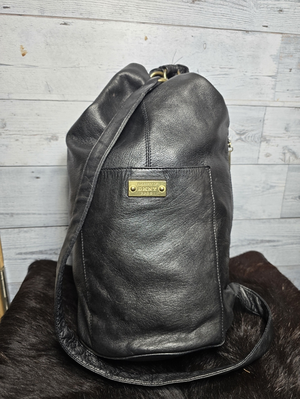 Vtg 90's Donna Karan Property of DKNY Minimalist Black Leather Sling Bag